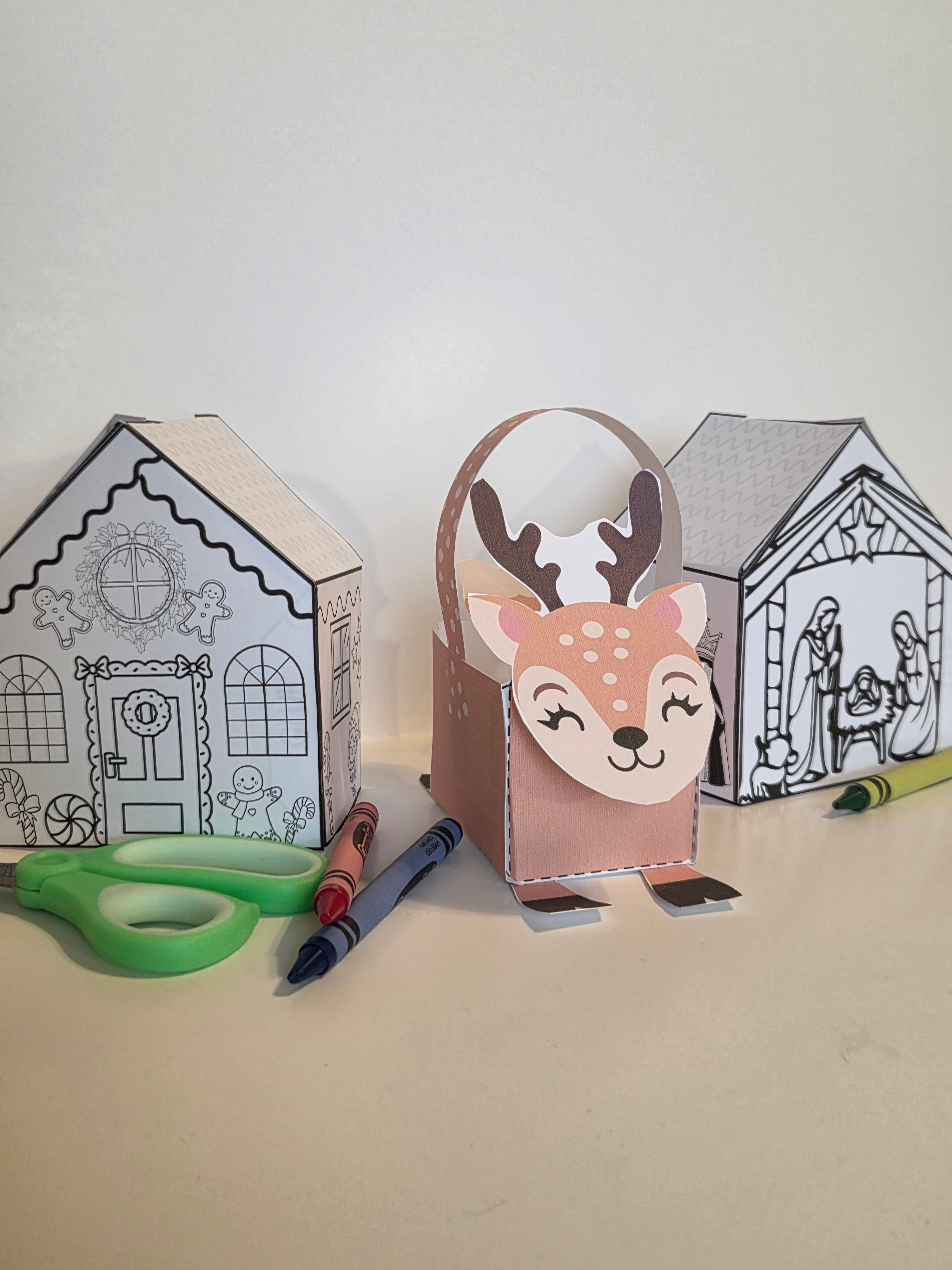 Holiday Craft Bundle - 3D Nativity, Deer Basket & 3D Gingerbread House Printable Activities